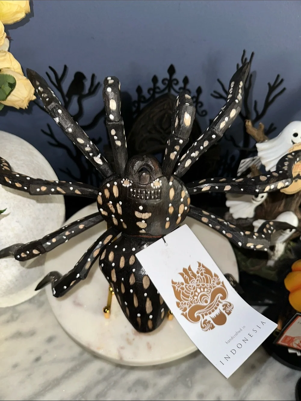 Halloween Handcrafted Black & White Wooden Spider Figurine wooden tarantula